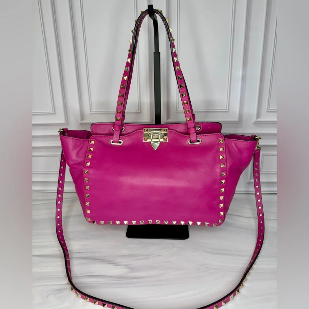 Valentino Garavani Pink Rockstud Leather Tote with Gold Hardware